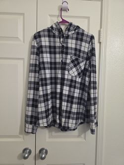 Black and White Plaid Hooded Flannel Shirt