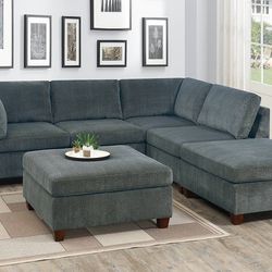 6 Piece Grey Chenille L-Shape Sectional