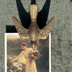 4” Vintage Brass Bird Swallows Clamp Paper Letter Clip Wall Hanging Home Decor - Business Card Holder