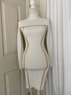 Hera Collection Cream Long-Sleeve Bodycon Knit Dress with Gold Trim