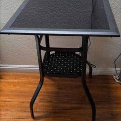 Bistro Bar Patio Metal Steel Slat Dining Side Table 2 Tier, Tempered Glass Top with Storage