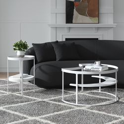 Brand New White Moon Coffee Table Set of 2 – Round Glass Top Coffee Table + Side Table