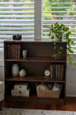 Solid Wood Low Bookcase – Rustic Dark Stained 3-Shelf Bookshelf Office, Library, Entry , Mud room