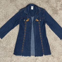 Ethyl Jean Jacket Western Style Long Blue Denim Duster Lace Womens Size  Large