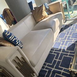 Cream Leather Sofa with Gold Accent 
