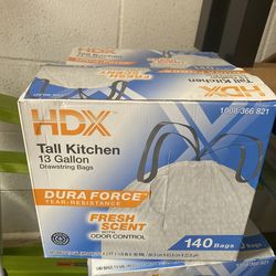 Tear-resistant HDX Tall Kitchen 13 Gallon Drawstring Bags. Each box has 140 bags. Dura Force for tear-resistance. Fresh scent with odor control. Made 
