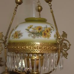 Antique Brass Hanging Parlor Lamp With Prism 