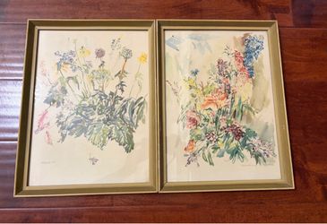Vintage Oskar Kokoschka Floral Prints Lupinen Summer Blooms Framed Pair 12x16