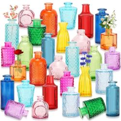 Yaomiao 30 Colorful Glass Flower Vases in Bulk, Vintage Colored Glass Bottles, Rustic Embossed Vases for Wedding Table Decor, Gifts (Bright Colors)