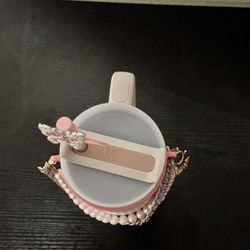 Custom Pink Stanley Tumbler 40oz – Rhinestone “A” + Charm Handle – Aesthetic Cup 