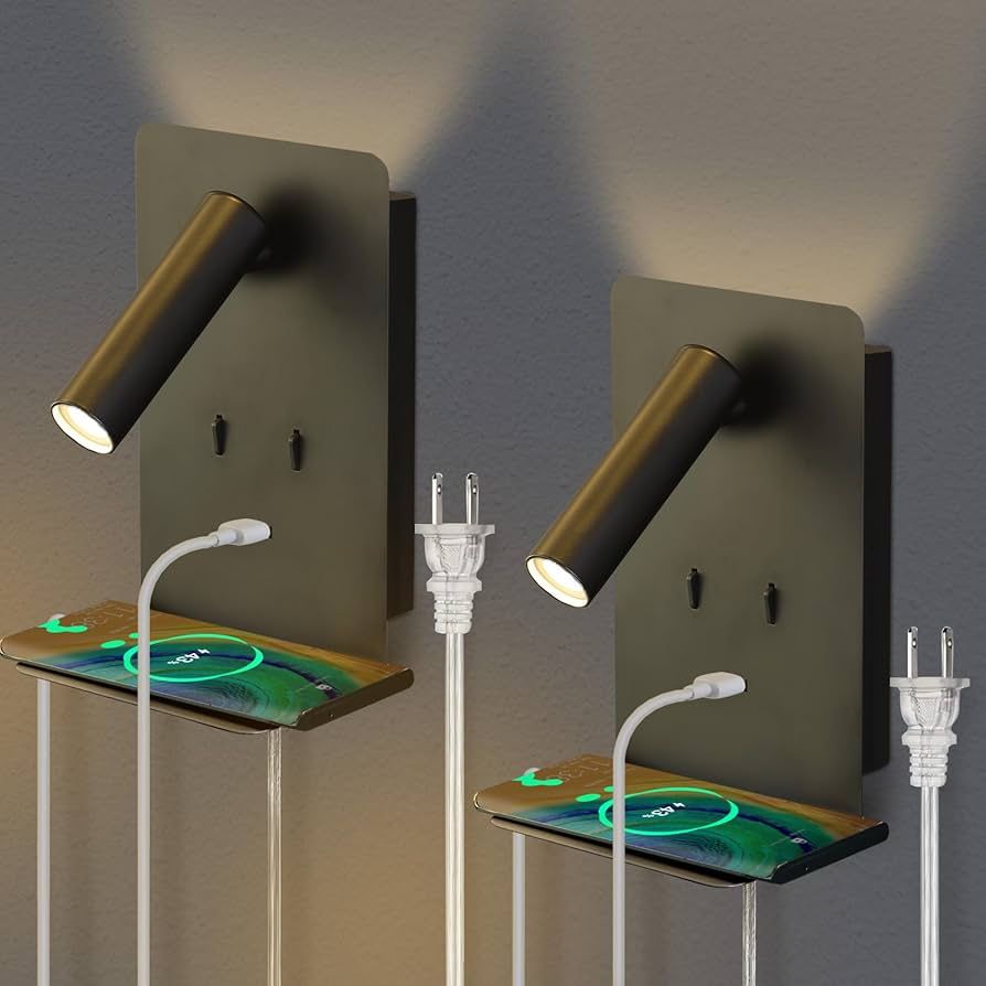 Set of 2 Modern Bed Side Lamp, Black Plug in Wall Mounted Reading Light, USB Port & Shelf