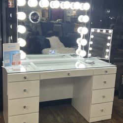 Vanity Desk + Hollywood Mirror Huge Size + Makeup Mirror With Wireless Charger 