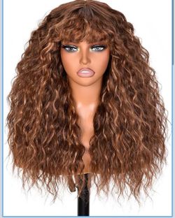 🔥Brand new 🔥 Curly Wig with Bangs 210% Density Glueless Wig with True Scalp 100% Curly Human Hair Wig Pre-Bleached Natural Brown Highlight Wig Do1