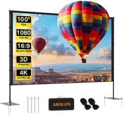 Outdoor Projector Screen with Stand - 100 inch Portable Projector Screen Indoor Outdoor Projection Screen 16:9 4K HD Outdoor Movie Screen with Carry