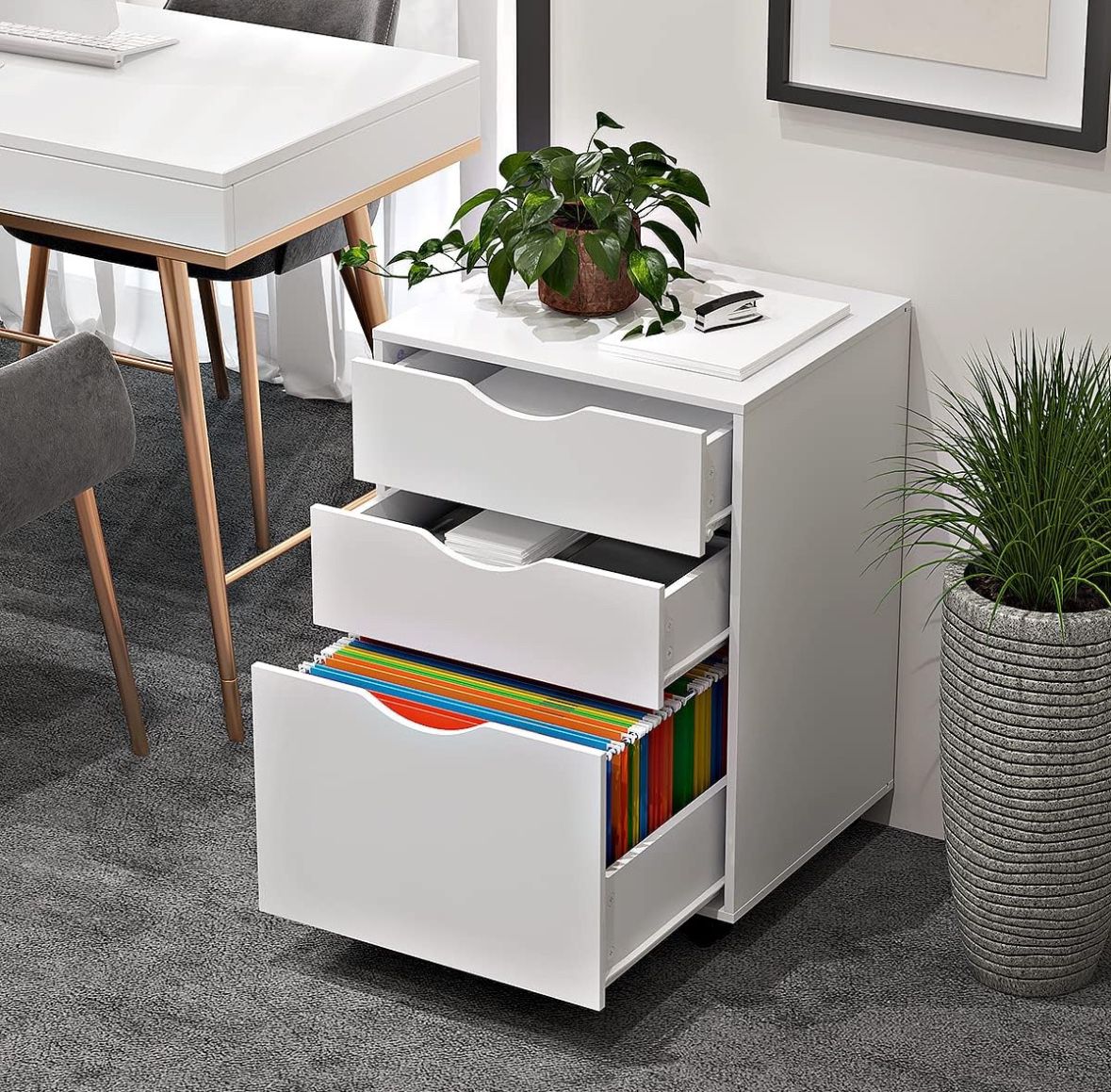 WOOD WORTH 3 Drawers Storage Cabinet, Wooden Mobile Filing Cabinet for Mini Printer Stand, with Lockable Casters, for Home Office (3-Drawers, White)