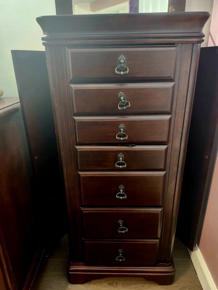cherry jewelry armoire & storage with brass hardware
