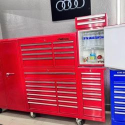 Custom Red Tool Box with Fridge – 28 Drawers