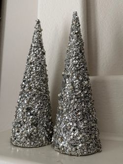 Silver and Pearl Cone Christmas Trees Set of 2