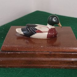Vtg Wood Box Mallard Duck Playing Card Holder  with Cards,  Trinket Box Desk .