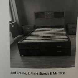 Bed Frame, 2 Night Stands & Queen Size Mattress 
