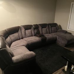 Sectional Couch Brown/grey With Cup Holders & Recliners