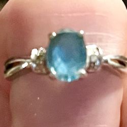 Vintage Aquamarine Ct Stone W Diamonds 10k White Gold 6.5
