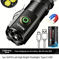1pc 3*P35 LED High Brightness Powerful Flashlight, USB Rechargeable, Tactical Torch With 5 Modes, Aluminum Alloy Waterproof  Mini Lantern For Fishing,