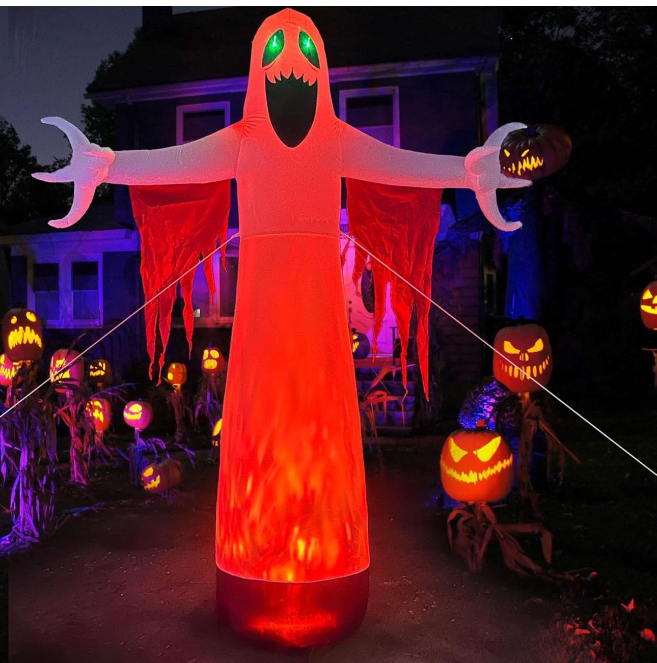 Halloween Inflatable Giant Horror Ghost,Laugh Terror with 2 Green Eyes Flashing,Covered in Flames Lighting Blow Up Yard for Halloween Party (12FT Horr