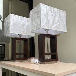 New In Box Set Of 2 Table Lamp Modern Contemporary Design Wooden Finished With Lampshade And Light Bulbs 