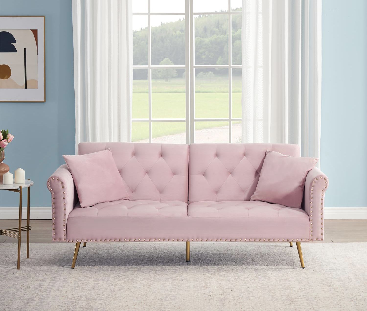 New in box Pink Modern Velvet Fabric Sofa Bed Futon with 2 Pillows