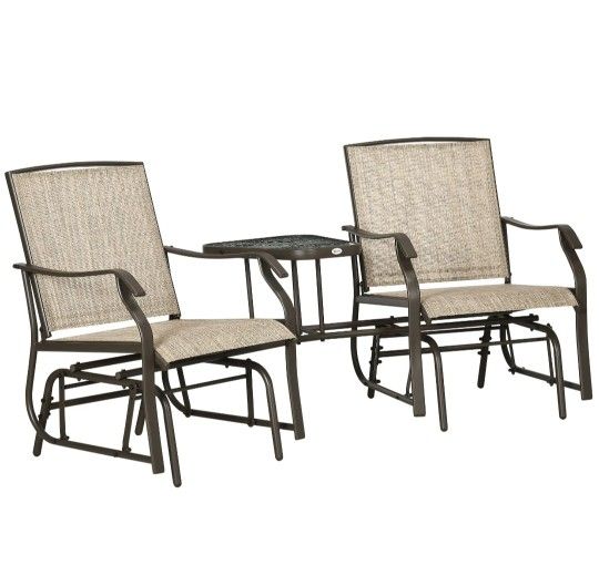 Outsunny Outdoor Glider Chairs with Coffee Table, Patio 2-Seat Rocking Chair Swing Loveseat with Breathable Sling for Backyard, Garden, and Porch