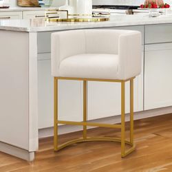 Modern Counter Height Linen Fabric Upholstered Counter Stool, 24 inch Kitchen Island Stool with Gold Metal Frame, Cream