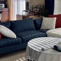 Blue Mid Century Couch With Reversible  Chaise