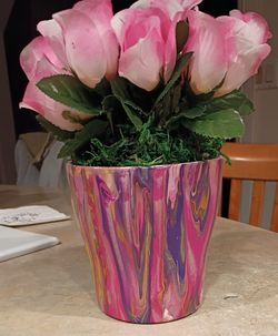 Faux Pink Rose Arrangement in Marbled Paint Flower Pot
