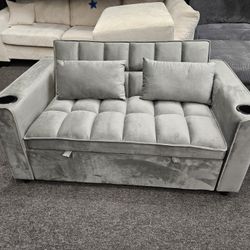 Brand New Sofa Pull Out Bed Grey Velvet W/ Cup Holder & USB Outlet $339