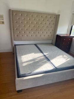 King Upholstered Bed Frame with Wingback Headboard