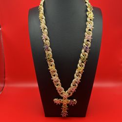 White Gold Plated Cross Gold Cross Purple Yellow Pink Flowers 