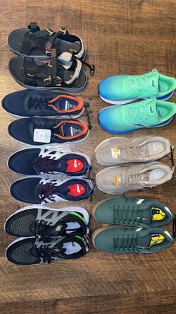 Men’s size 13 shoes, various colors and styles, athletic, sandals, casual