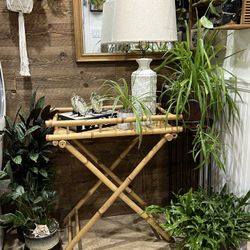 Boho Bamboo Vintage Valet Tray Bar Cart Side Table Fold Up Coastal Lightweight Portable