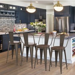 30" High Back Barstools Metal Stool with Wooden Seat [Set of 4] Counter Height Bar Stools, Bronze