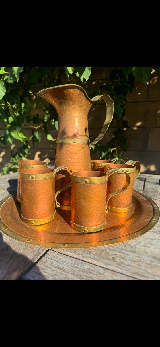 1960's Vintage Mexican Moscow Mule Hammered Copper Pitcher Mug Platter Set