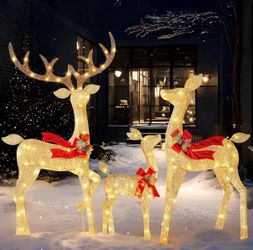 Outdoor Christmas Decorations for Yard, 3 Pcs Lighted Christmas Deer Family Set, Warm White LED Lights Xmas Yard Decor, 3D Reindeer with Stakes Zip Ti