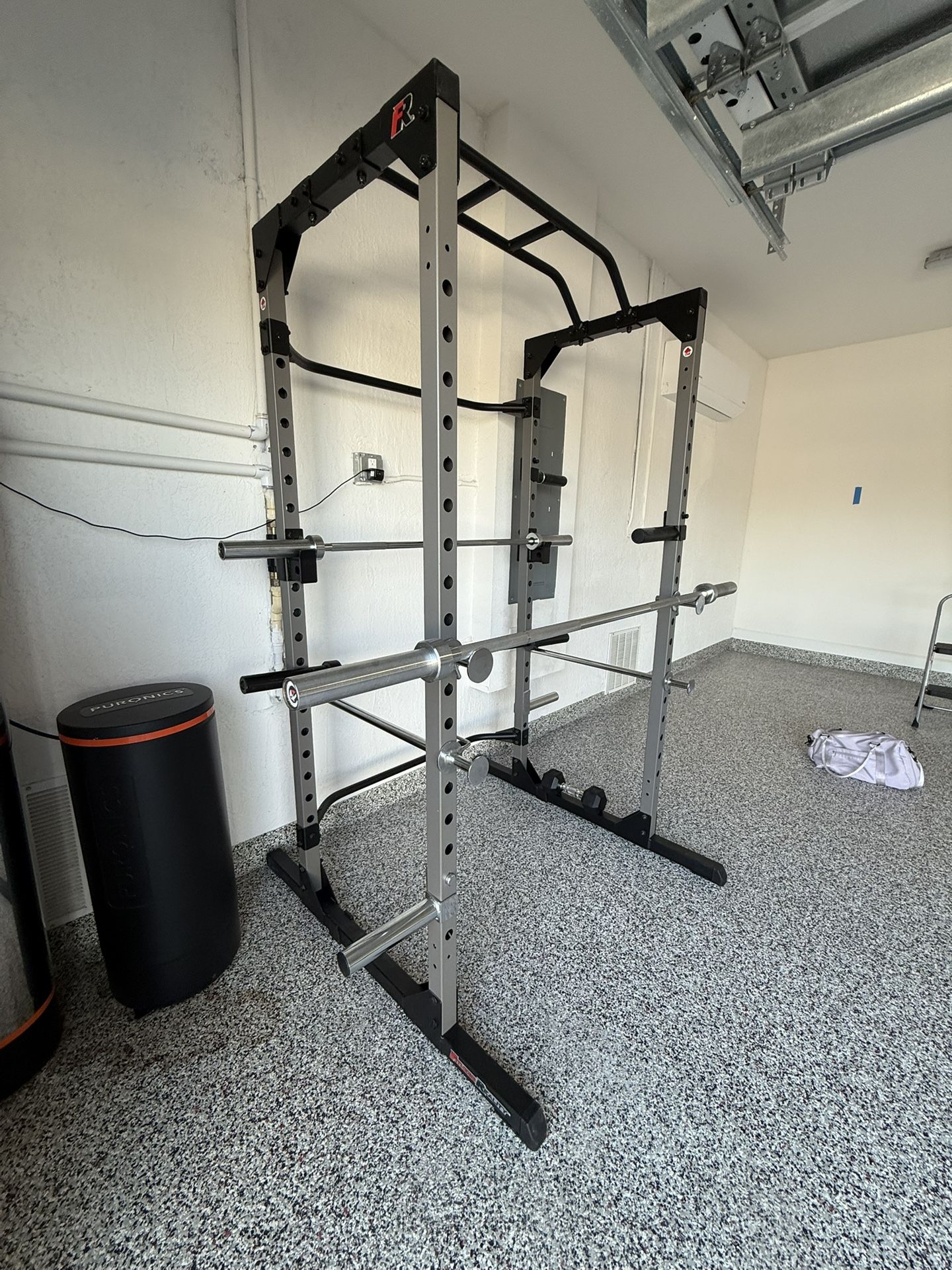 Gym Equipment. Squat Rack, Bench, Plates, Barbell