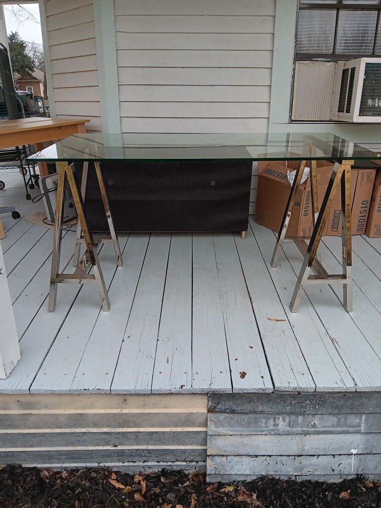 VINTAGE GLASS TOP DESK WITH CHROME SAWHORSE LEGS