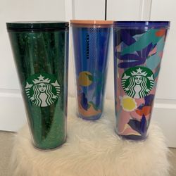 Bundle Of 3 Vintage Starbucks Tumblers- Mermaid Island, Holiday Green, And Floral
