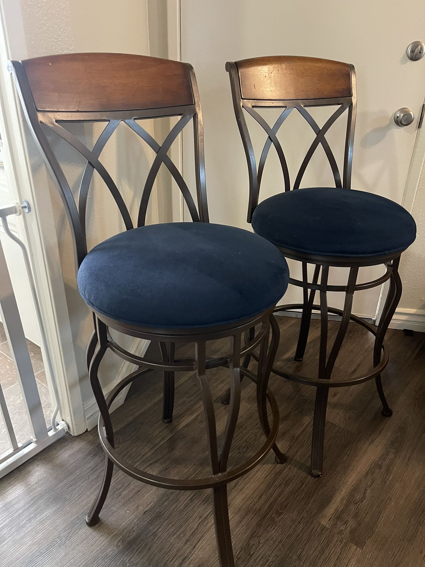 TWO IRON/WOOD BAR STOOLS NAVY BLUE