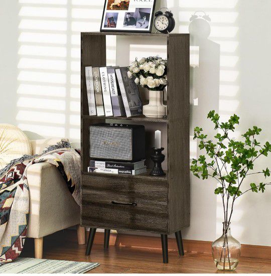 Open Bookshelf, 3 Tier Black Mid Century Modern Book Shelf with Drawers and Legs, Wood Bookcase with Storage Organizer Shelves for Bedroom, Living Roo