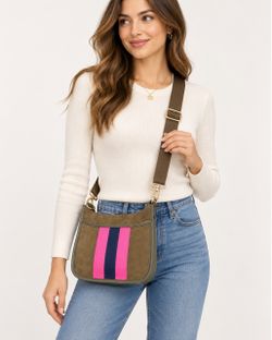 Shiraleah Blakely Brown Crossbody Bag Suede Pink Navy Stripe NWT