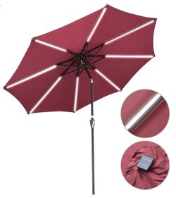 Market Tilt Outdoor Umbrella LED Solar Lights 10 ft 8-Rib, Red Terra Paraguas - Sun Protection - Independence Day Sale