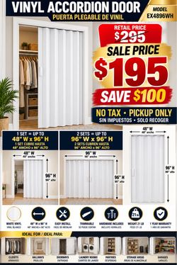šØ VINYL ACCORDION DOOR ā WHITE šØ PUERTA PLEGABLE DE VINIL ā BLANCA ⨠SPECIAL SALE / PRECIO ESPECIAL: $195 Retail Price $295 š„ SAVE $100 / AHORRA $